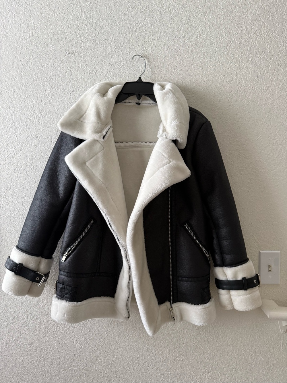 SHEIN Black Faux Leather Aviator Jacket with White Shearling Trim